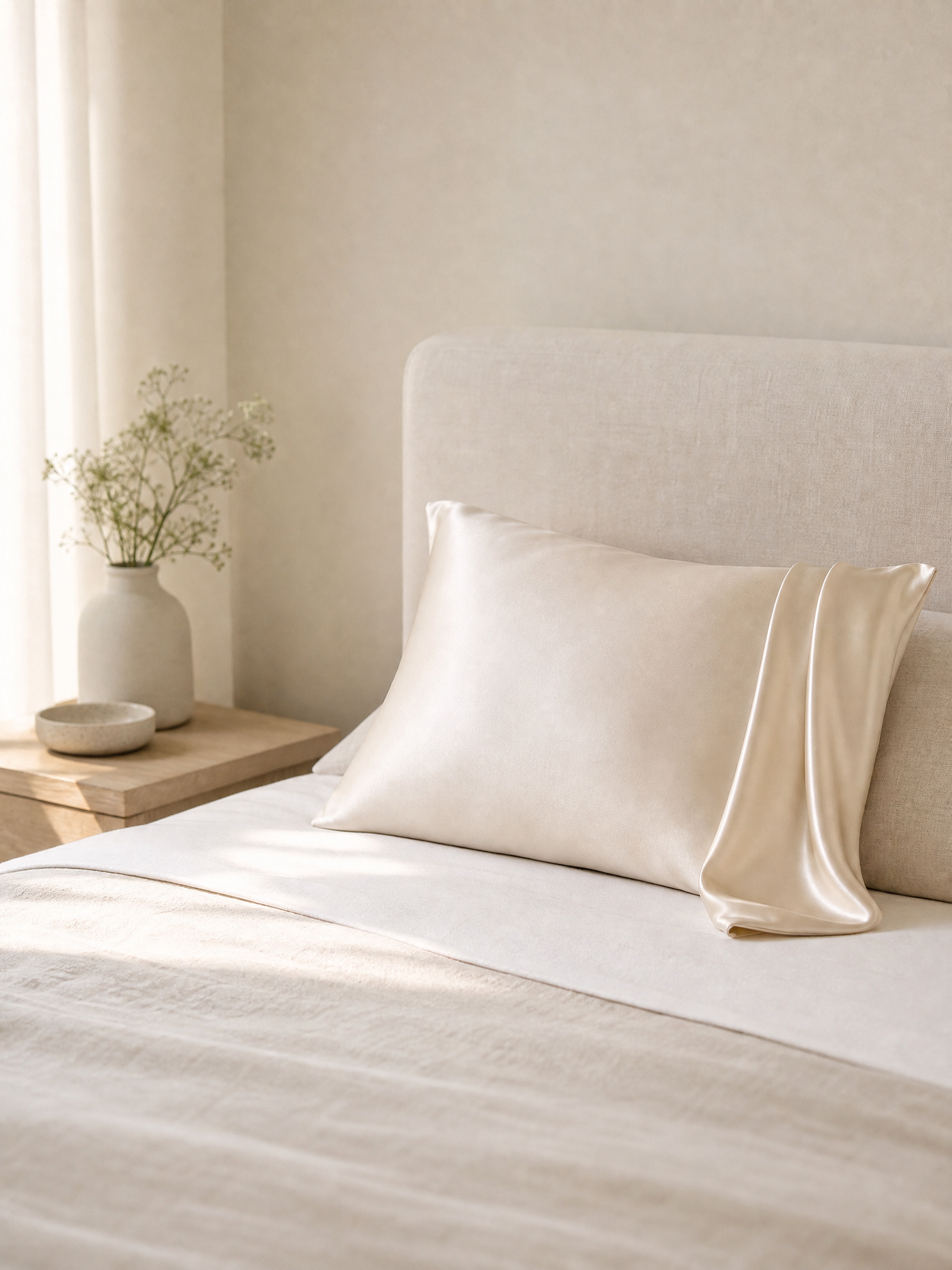 The ivory silk pillowcase on a made bed in morning light beside linen bedding