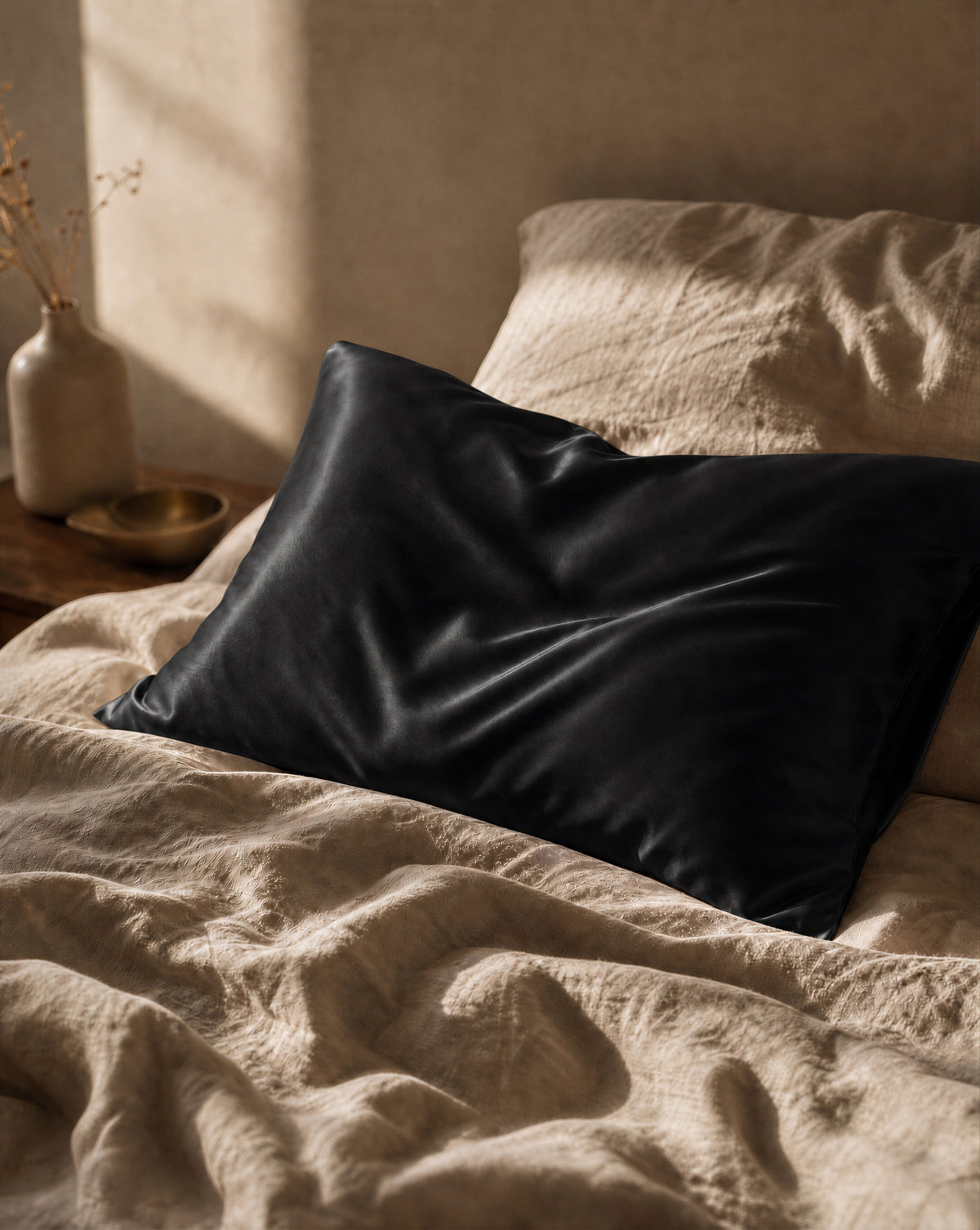 The black NOLL silk pillowcase on a made bed in warm morning light