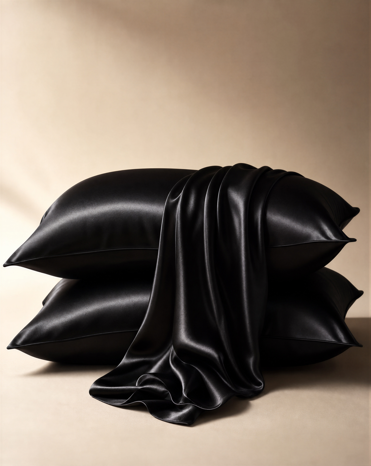 Two black NOLL silk pillowcases stacked, with a length of the silk draping over them