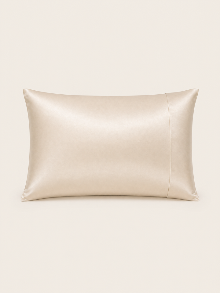 The NOLL silk pillowcase in warm ivory, shown straight on against a bone background