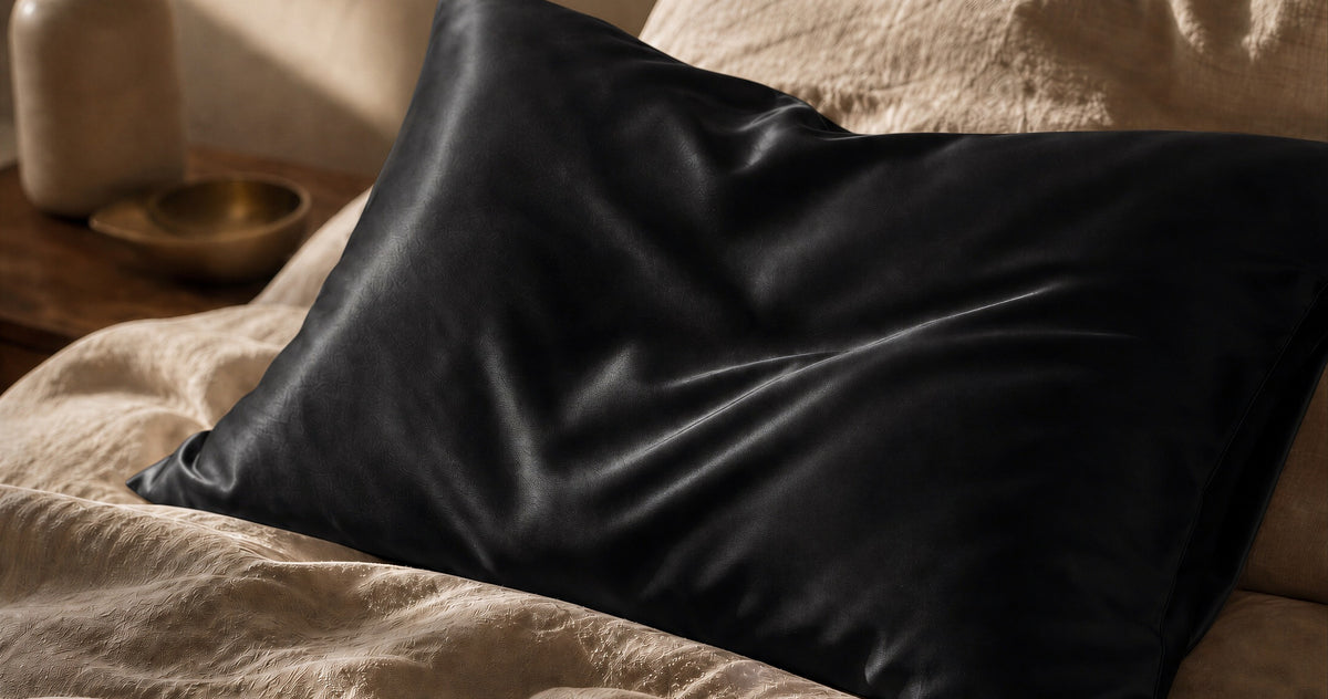 The black NOLL silk pillowcase on a made bed in warm morning light