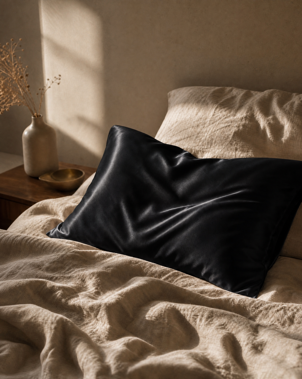 The black silk pillowcase on a made bed in morning light